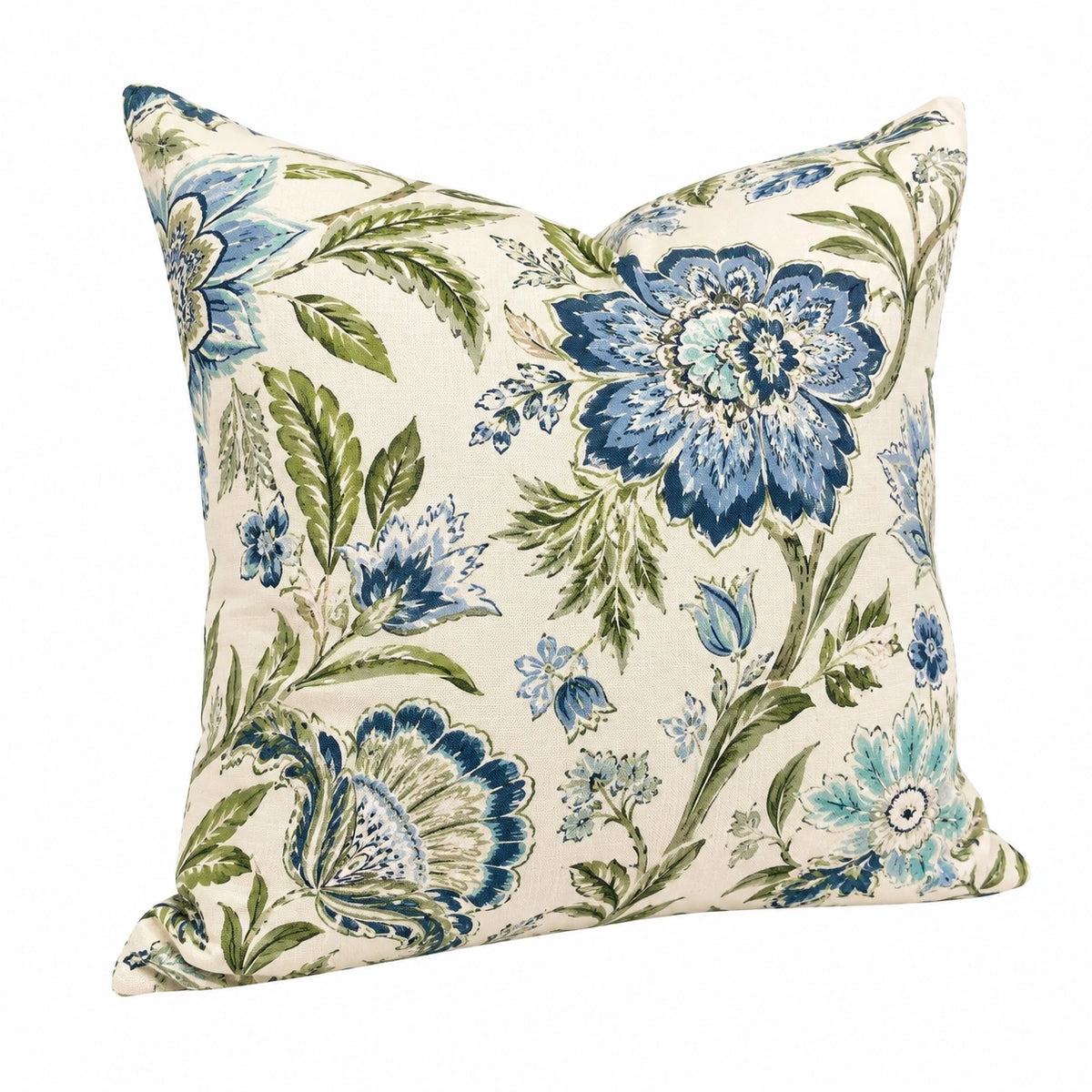 Coussin décoratif 45 x 45 cm en tissu écru à motif floral bleu et vert style botanique