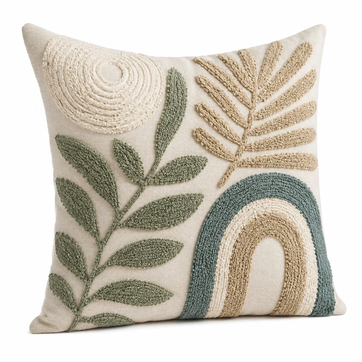 Coussin décoratif 45 x 45 cm textile écru vert pour canapé style botanique texturé