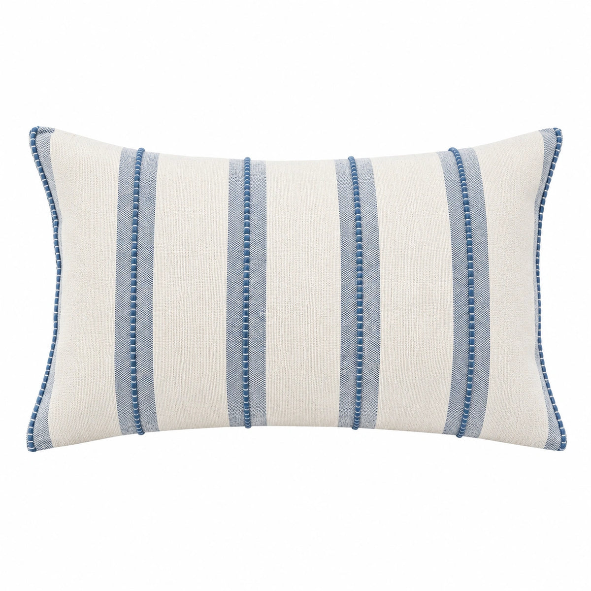 Coussin rectangulaire 50 x 30 cm en tissu écru et bleu à rayures décoratif