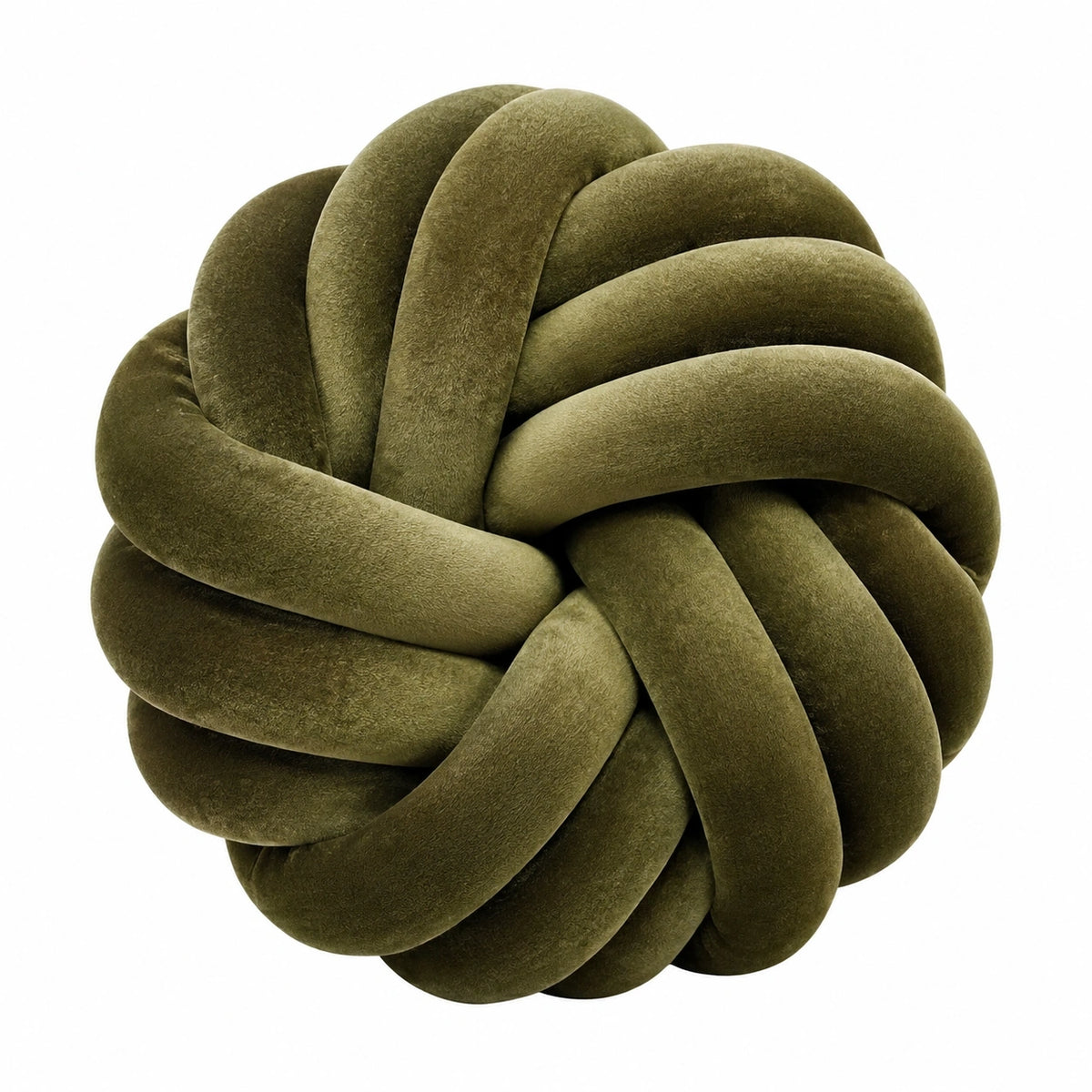 Coussin décoratif noué rond 30 cm en tissu effet velours vert olive style sculptural