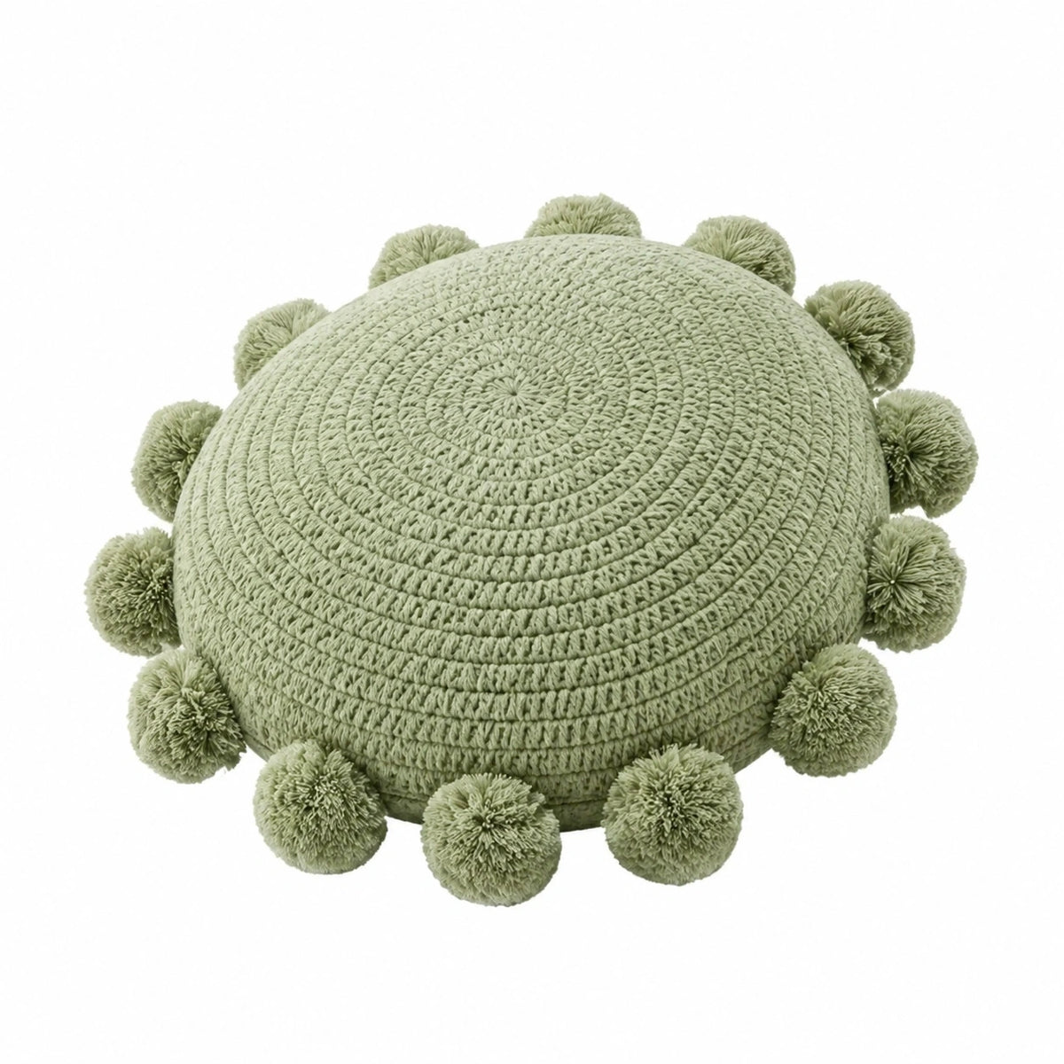 Coussin rond 40 cm textile vert sauge à pompons décoratifs