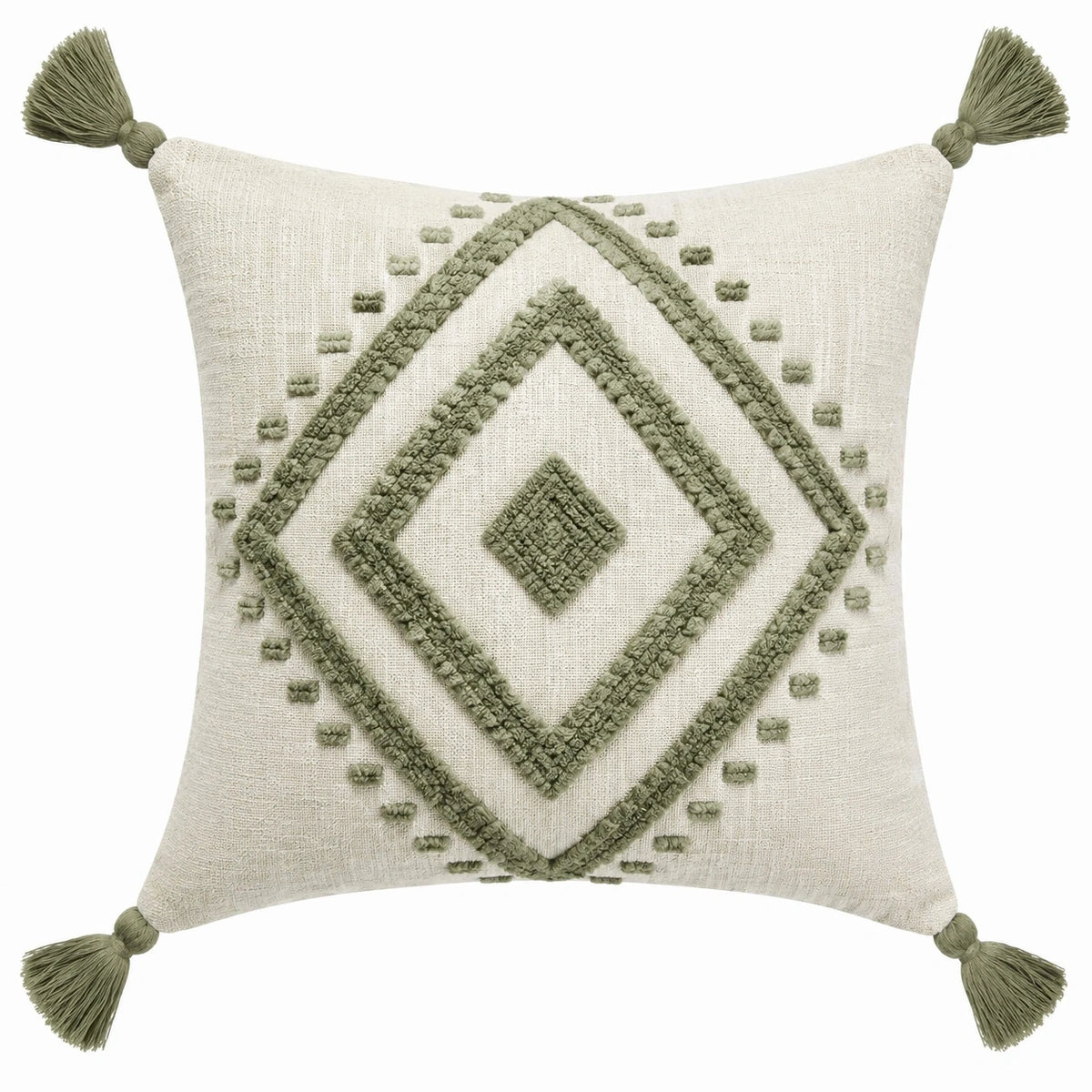 Coussin décoratif 45 x 45 cm textile écru vert à pompons style géométrique