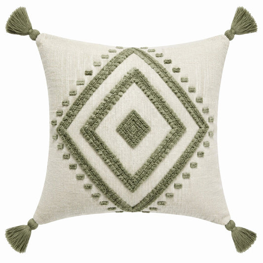 Coussin décoratif 45 x 45 cm textile écru vert à pompons style géométrique