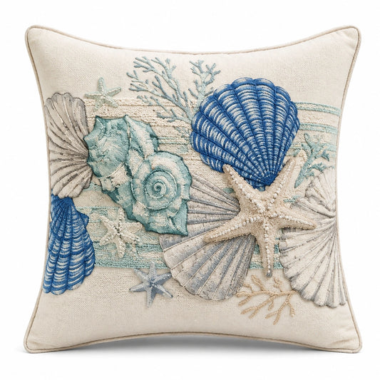 Coussin décoratif 45 x 45 cm textile écru bleu motif coquillages style marin