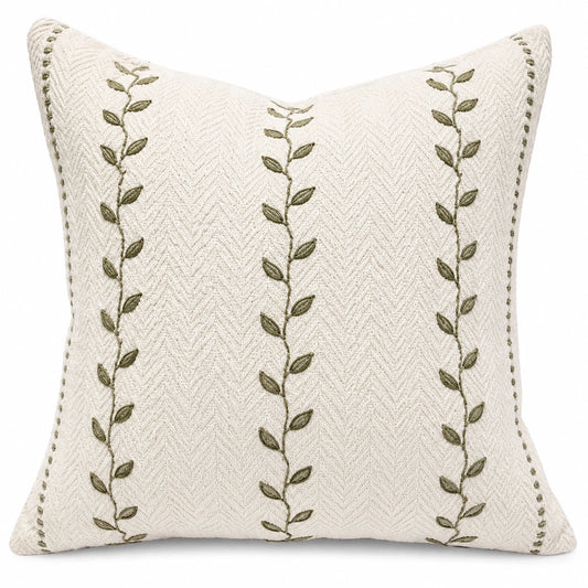 Coussin décoratif 45 x 45 cm en tissu ivoire motif feuillage style naturel