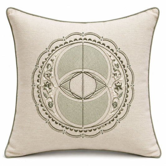 Coussin décoratif 45 x 45 cm en tissu beige et vert avec broderie florale