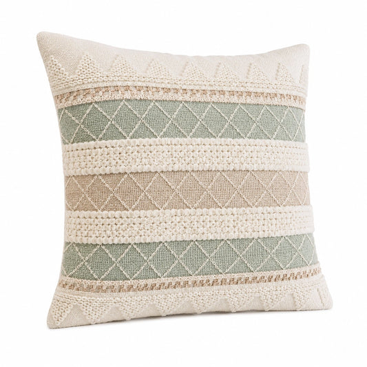 Coussin décoratif 45 x 45 cm en tissu beige et vert style bohème