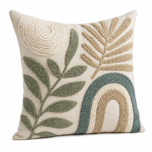 Coussin décoratif 45 x 45 cm textile écru vert pour canapé style botanique texturé