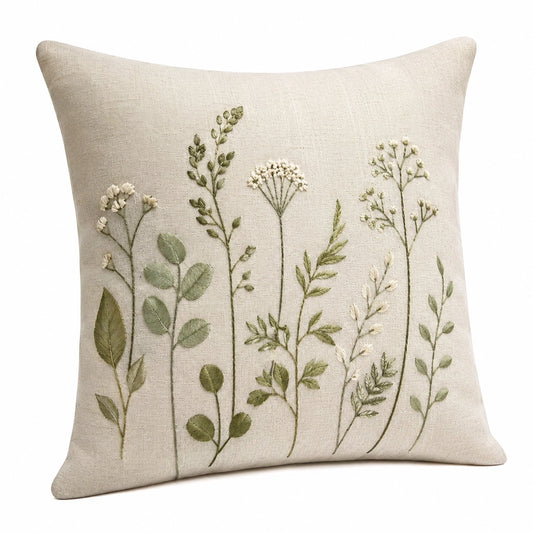 Coussin décoratif 45 x 45 cm tissu beige brodé botanique style naturel