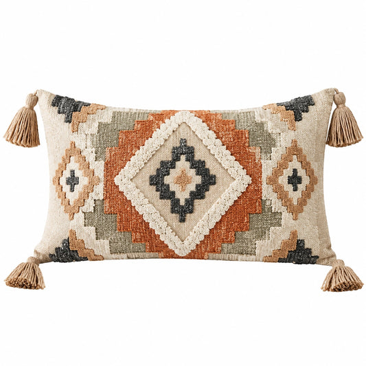 Coussin décoratif 50 x 30 cm en tissu tissé beige terracotta et vert à pompons style bohème