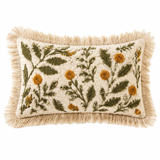 Coussin décoratif 50 x 30 cm en coton écru vert ocre à motif floral texturé