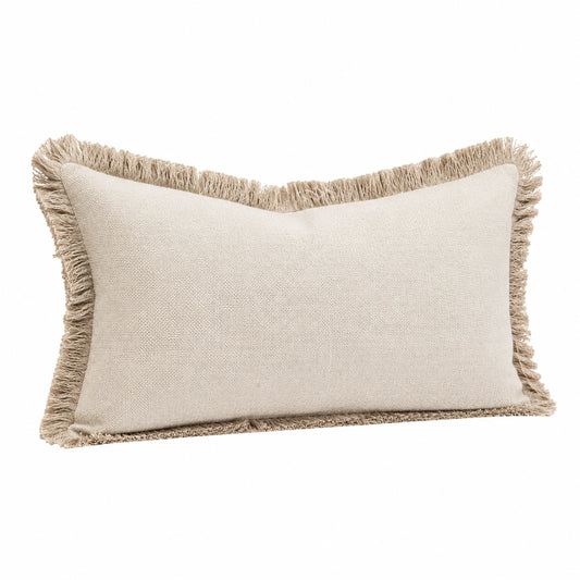 Coussin décoratif 50 x 30 cm tissu tissé beige à franges style bohème