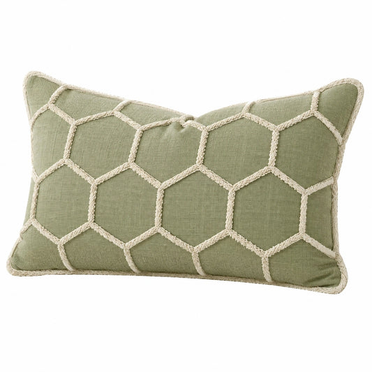 Coussin décoratif 50 x 30 cm en tissu vert sauge à motif géométrique texturé