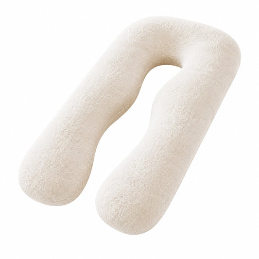 Coussin de grossesse en U 140 cm textile bouclette ivoire soutien corporel