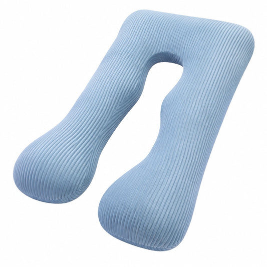 Coussin de grossesse 120 cm en velours côtelé bleu à soutien enveloppant