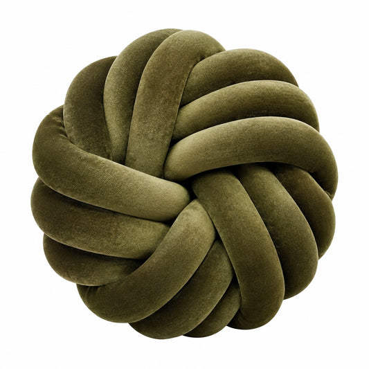 Coussin décoratif noué rond 30 cm en tissu effet velours vert olive style sculptural