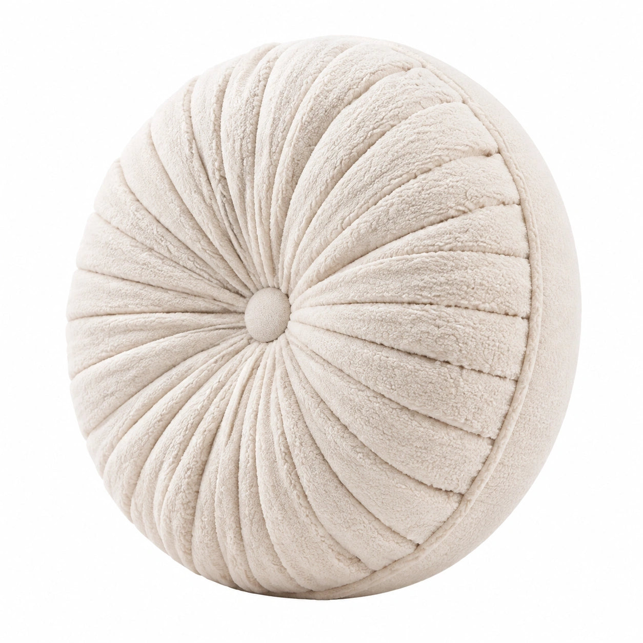 Coussin décoratif rond 45 cm en tissu bouclette écru pour canapé style plissé