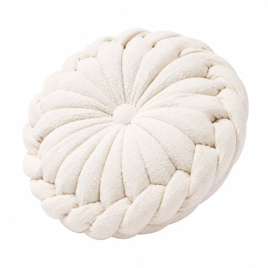 Coussin rond 45 cm en tissu bouclette écru tressé décoratif