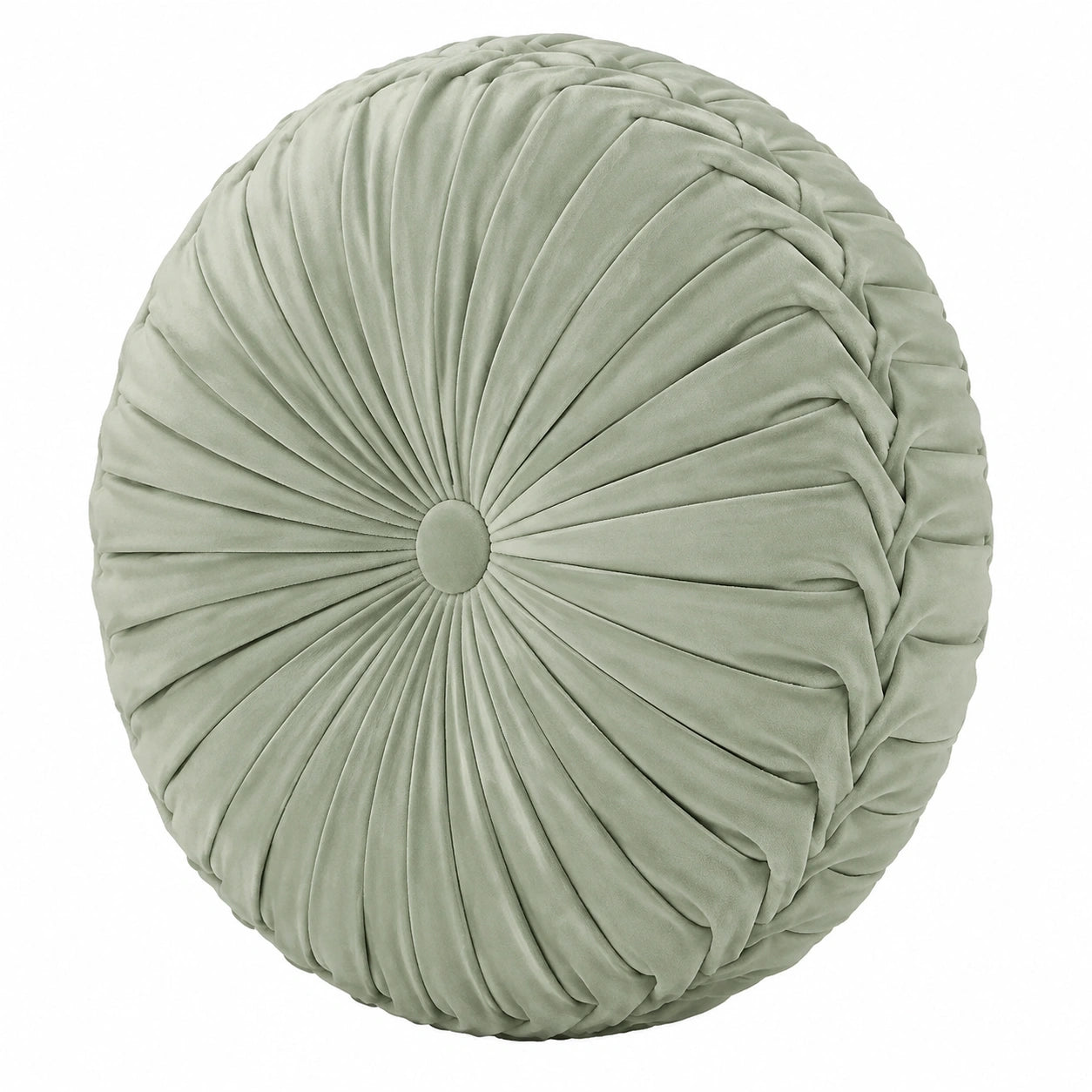 Coussin rond 45 cm en tissu effet velours vert sauge à plis décoratifs