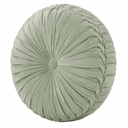 Coussin rond 45 cm en tissu effet velours vert sauge à plis décoratifs