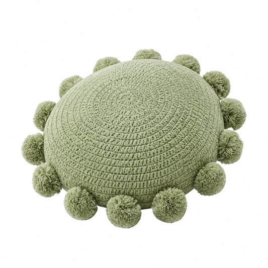 Coussin rond 40 cm textile vert sauge à pompons décoratifs